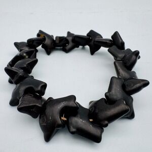 VTG Hand Carved Black Dolphin Bead Stretch Bracelet Nautical Boho Women Jewelry